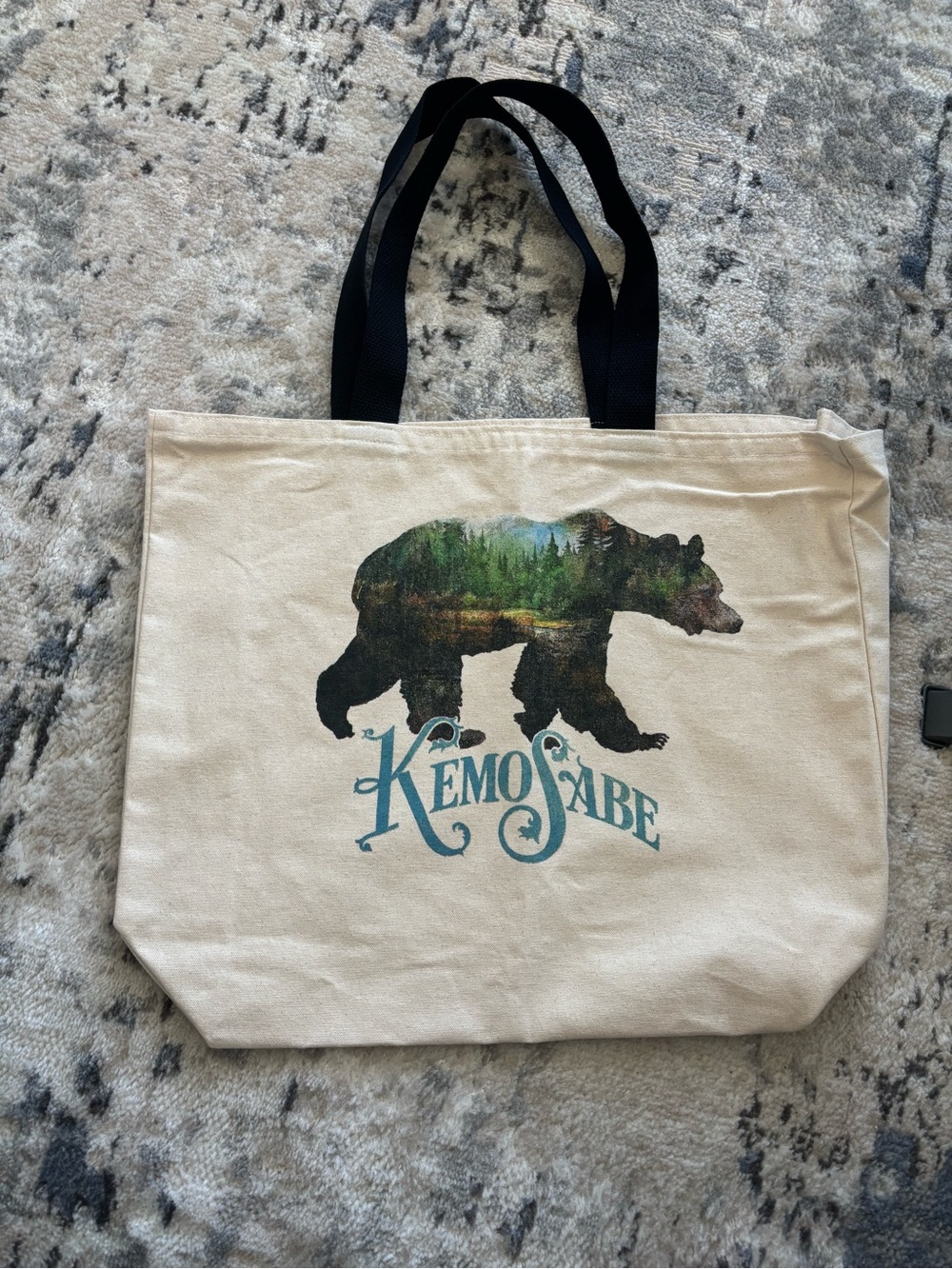 Cream Canvas Tote with Black Straps and Bear Graphic